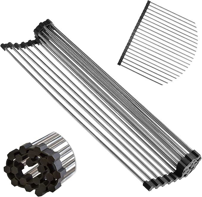 Roll Up Dish Drying Rack 17.7" x 16" - Over The Sink for Kitchen Counter, Foldable SUS304 Stainless Steel Dish Drying Rack for Cups, Utensils, Fruits, Vegetables