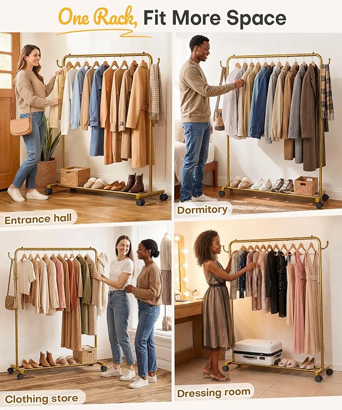 Homde Rolling Clothes Rack with Hooks: Standing Garment Storage for Indoor - Hanging Rod for Bedroom Laundry Room - Coat Dress Organizer on Wheels with luggage shelf (Gold, 46.5")