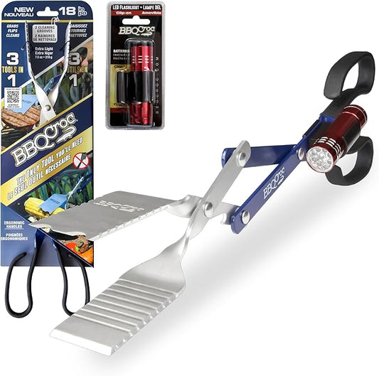 BBQ Croc 3 in 1 Barbecue Tool 18-inch - Extra Light and Long Tongs, Spatula and Grill Scraper (Blue) (18 inch with Flashlight)