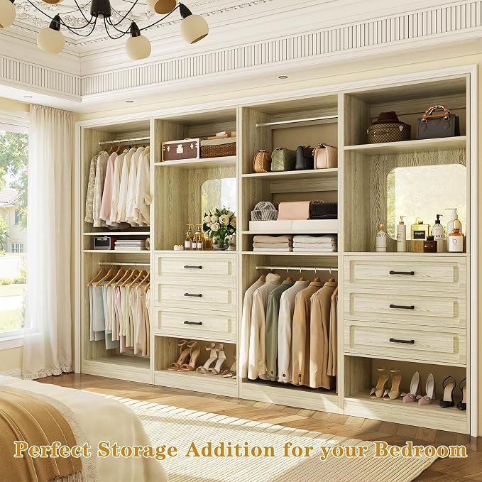 Unikito Closet System with Drawers, 100” Wood Closet Organizer with Hanging Rods and Mirror, Large Walk in Wardrobe Garment Rack with Adjustable Shelves, Freestanding Closet Tower, White Oak