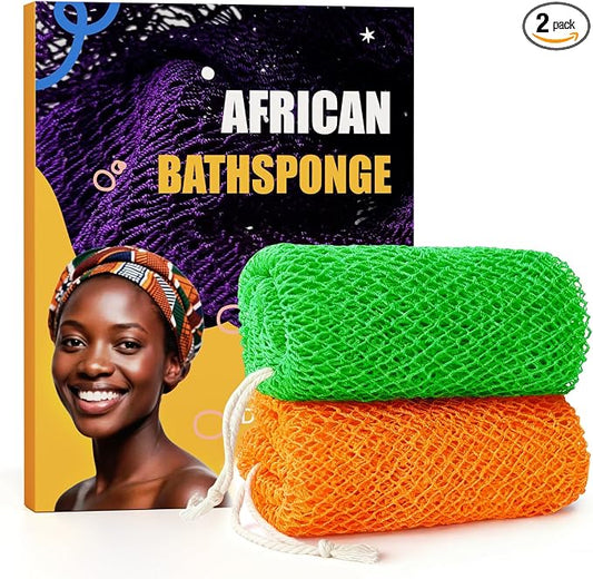 2 Pieces African Net Sponge Authentic, Durable Back Scrubber Washcloth for Shower, Exfoliating Net Sponge for All Skin, Bathing Accessories for Women (Orange and Green)