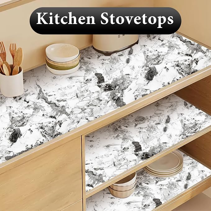Drawer and Shelf Liner for Kitchen Cabinet: 23.6 in X 30 Ft Non Slip | Shelf Paper Non Adhesive Refrigerator Liners Grey and White Marble Easy Liners for Bathroom with Knife Tape Measure