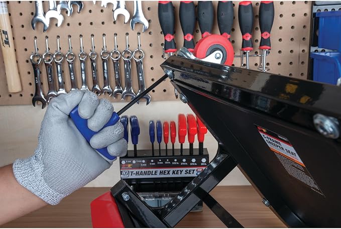 Performance Tool W80277 10-Piece SAE and Metric T-Handle Hex Key Set | Long arm Allen wrench set. High visibility PVC handles. Heat treated alloy steel. Includes wall mount storage tray