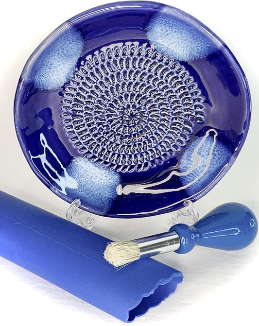 BonCera, All-in-one Premium Ceramic Garlic Grater Plate 4-Piece Set - Blue Cross Glazed Design and Style - For Garlic, Ginger, Chocolate, and more! - Comes with 5.25" Plate, Peeler, Brush, and Stand