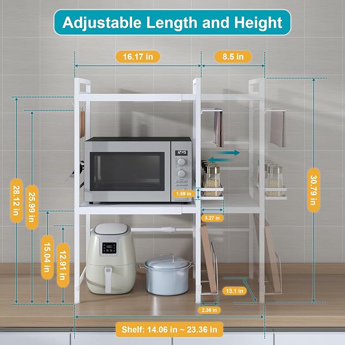 Expandable Microwave Stand Kitchen Countertop Organizer With Storage, White | Adjustable Microwave Oven Rack Metal Storage Shelf for Pans Small Appliances Kitchen Utensils Tableware, 3-Tier