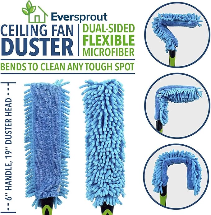 EVERSPROUT Ceiling Fan Duster with 3 Foot Pole, Bendable Microfiber Cleaner | Extends 1.5 to 4.5 Feet, 8-10 Foot Standing Reach, for Celiling Fans, Blinds, Shelves, Walls and More, Machine Washable