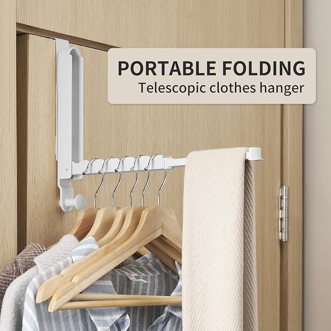 RFOUO Over The Door Hooks Hanger,Fit Door up to 1 3/8", White, 2 Pack | Aluminum,Retractable Rod, Space-Saving, Foldable Over The Door Drying Rack,No drilling, For Laundry Bathroom Bedroom Travel