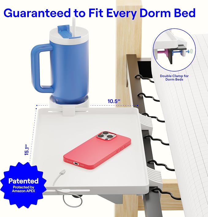 BedShelfie Bedside Shelf for Dorm Room Bunk Bed & Top Bunk, College Dorm Room Essentials, Bedside Caddy, Clip on Floating Tray, Bed Side Table Storage, Loft Nightstand Decor - Dorm Essential, White