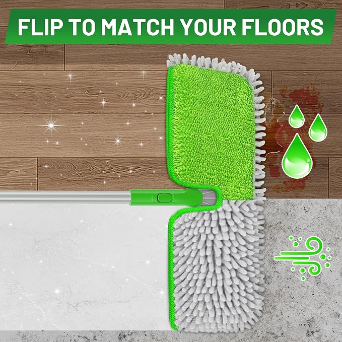 2-Sided Microfiber Dust Mop for Hardwood Floors & Walls | Flat Flip Head, Wet Dry Use, 3 Chenille & Microfiber Pads, 58" Handle, 360° Swivel, Sweep Pet Hair, Tile, Laminate, Kitchen