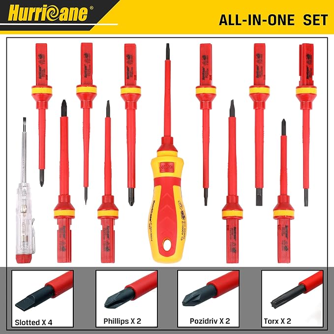 HURRICANE 1000V Insulated Electrician Screwdriver Set, 13 Piece Professional Electrical Screwdriver Set, CR-V Steel Magnetic Phillips Slotted Pozidriv Torx, Insulation VDE & GS Certified Screwdriver