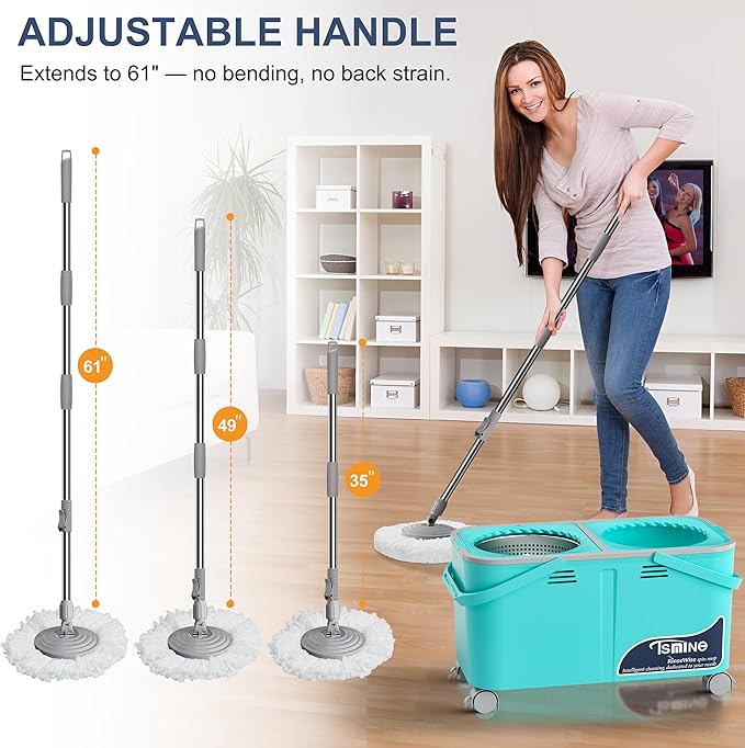 Easy-Use Spin Mop for Cleaner, Controlled Rinsing, Clean & Dirty Water Separation Mop Bucket for Pet & Family Homes,360° Swivel Wheels, Safe for Hardwood & Tile, Adjustable Handle,1 Reusable Mop Heads