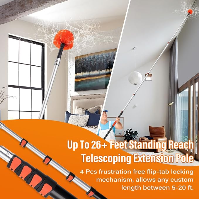 26 FT Cobweb Duster with Extension Pole,Spider Web Brush | Spiderweb Cleaner with Pole Extend 5-20FT,4-Stage Telescopic Aluminum Pole,Spider Brush Cobweb for Outdoor & Indoor