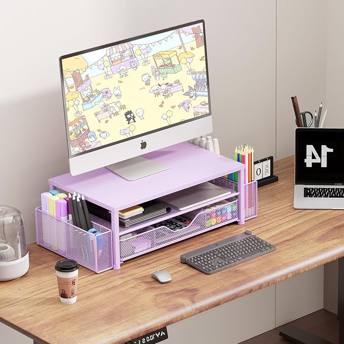 OPNICE Desk Organizer and Accessories, 2-Tier Computer Monitor Stand Riser with Drawer and 2 Pen Holders, Laptop Stand, Office Desk Accessories for Office Supplies, 1 Pack, Purple