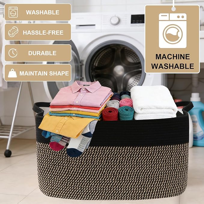 65L Laundry Basket with Handles, Woven Blanket Basket, Black/Jute | 21"×16"×12" Collapsible Cotton Rope Storage Basket for Toys Clothes & Pillows, Nursery, Bathroom, Bedroom, Living Room