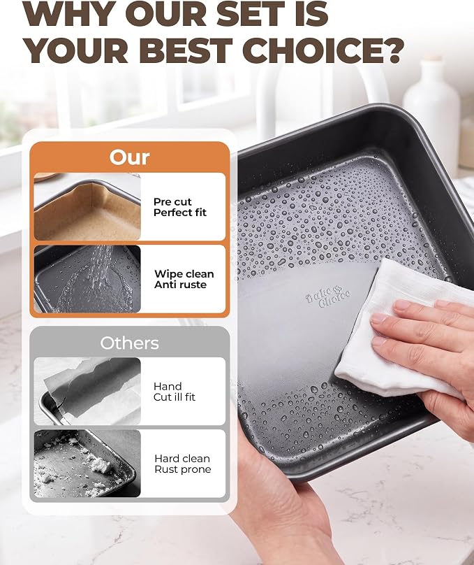 Bake Choice 8 x 8 Inch Square Brownie Cake Pan With 30 Pre-Cut Parchment Liners, Carbon Steel Non-Stick Baking Pan for Baking Toast Cakes Banana Breads, Homemade Dessert Bakeware