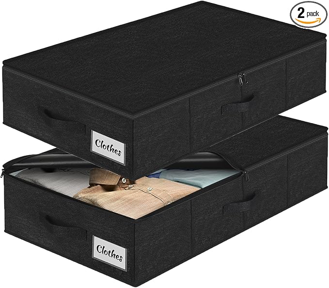 Under Bed Storage Container Bins 2 Pack, Low Profile Foldable Underbed Clothes Storage Organizer W/ Ultra Thick Fabric and Sturdy Bottom/Sides, Dual Zipper Storage Box for Dorm and Home 30x16x6.7"