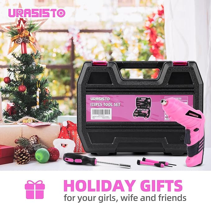 URASISTO 123 Piece Pink Household Tool Set with 3.6V USB Electric Screwdriver, Home Tool Kit with Cordless Lithium-ion Drill Driver, HandTool Kits for Women