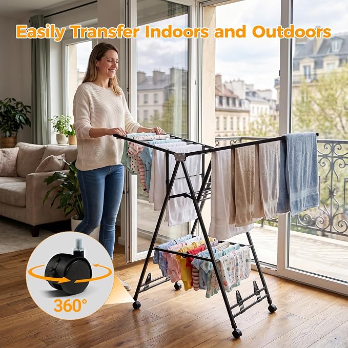 Clothes Rack, 3-Tier Drying Hanger, for 30 Pieces+, Foldable and Space Saving, Portable, Indoor or Outdoor Use, Solid Metal Clotheshorse, Nice for Mum, Gray(1.7 m Wing Length)