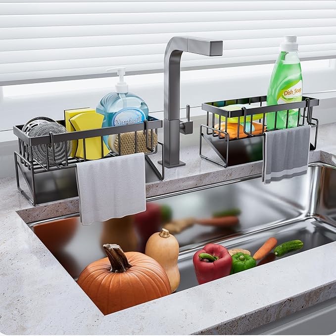 BREIS Kitchen Sink Caddy Organizer with Rag Holder,Self-Draining Sponge Holder for Countertop Soap Dispenser Organizers and Storage Essentials,Kitchen Decor and Accessories