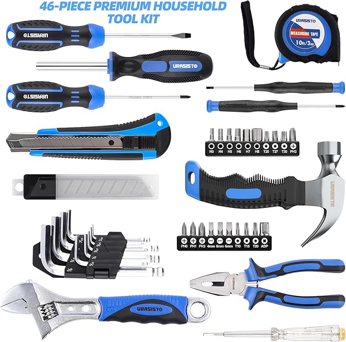 URASISTO Tool Kit 46-Piece, Household Basic Complete Hand Repair portable Tool Set with Plastic Toolbox Storage Case