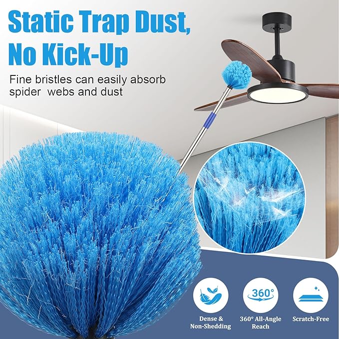 Cobweb Duster with Extension Pole - 4 FT Lightweight Stainless Steel Extendable Duster Ceiling Fan Duster for High Ceilings, Medium Stiff PET Bristle Spider Web Brush for Indoor/Outdoor Cleaning