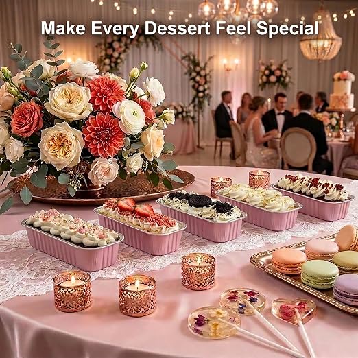 YQER Mini Loaf Pans with Lids for Baking Bread Disposable, 50Pcs 6.8oz Mini Cake Pans with Lids and Spoons Pink Sticker & 30Pcs 10oz Square Aluminum Pans Kit, Dessert Foil Baking Cupcake Tins