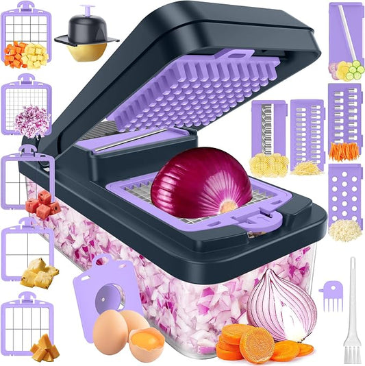 SpaceHacks 15-in-1 Vegetable Chopper, Kitchen Gadgets with 10 Blades, Veggie, Food, Onion Chopper, Cucumber Slicer, Versatile Mandoline, Includes Egg Separator & Finger Guard, Purple
