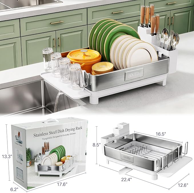 SNTD 304 Stainless Steel Dish Drying Rack for Small Kitchen Counter, White | Rustproof, Large Capacity, Heavy-Duty Frame, Rotating Spout, Angled Drainboard, Removable Cup & Utensil Holder