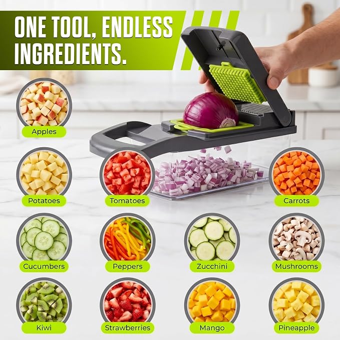 15 in-1 Vegetable Chopper with Container – Mandoline Slicer, Onion Dicer, Food Chopper, Cheese Grater– Multi Blade Kitchen Cutter for Fruits & Vegetables