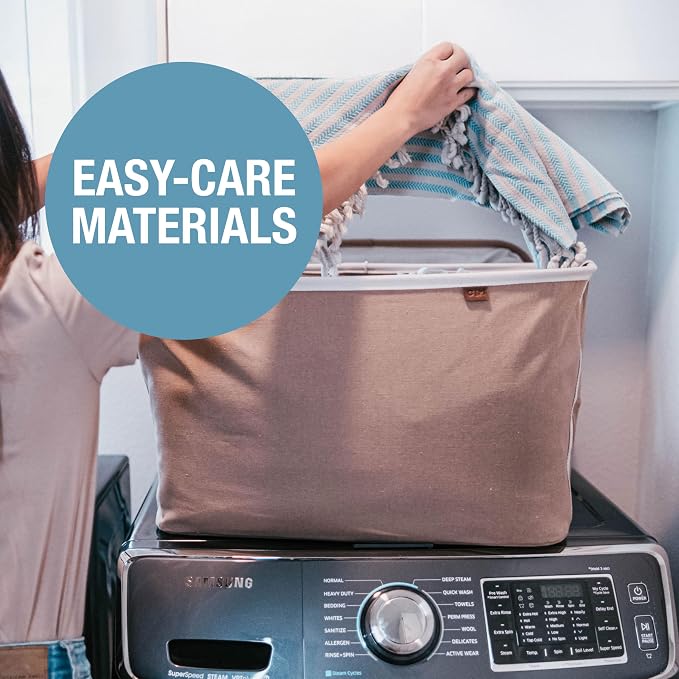 CleverMade LUXE Collapsible Laundry Basket, 60L, 2 Pack, Navy | Refined fabric and vegan leather accents elevate visible storage. Each basket supports 55 lb and folds flat.