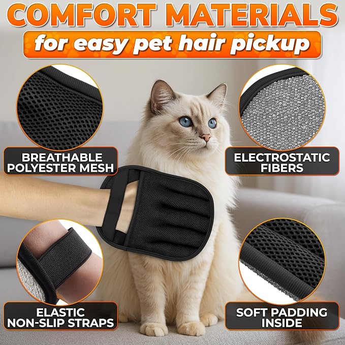 Pet Hair Remover Glove for Cats and Dogs, Reusable, 9.25 x 6.69 in | Grooming Mitt with Five-Finger Fit, Static Lift, Washable Mesh, for Couch, Carpet, Car Seat, Furniture, Bedding, and Clothing