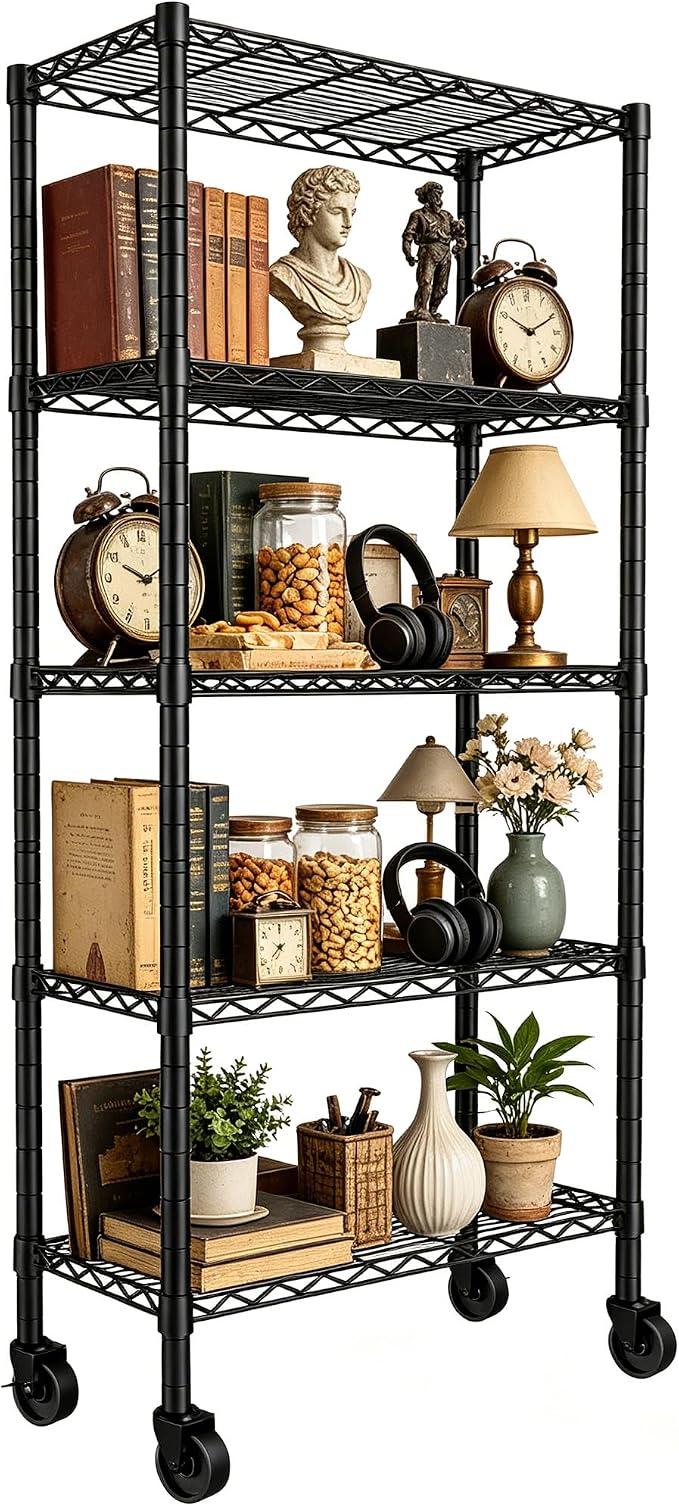 REGILLER 5-Wire Shelving Metal Storage Rack Adjustable Shelves,Standing Storage Shelf Units for Laundry Bathroom Kitchen Pantry Closet(Black,14.1" D x 30" W x 82" H,With Wheels)