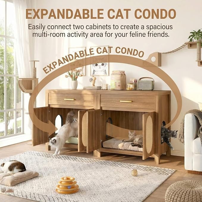 Cat Litter Box Enclosure, Hidden Litter Box Dog Proof with Sisal Scratching Board Doors and Drawer, Wooden Hidden Cat Litter Box Enclosure Furniture with Storage Drawer