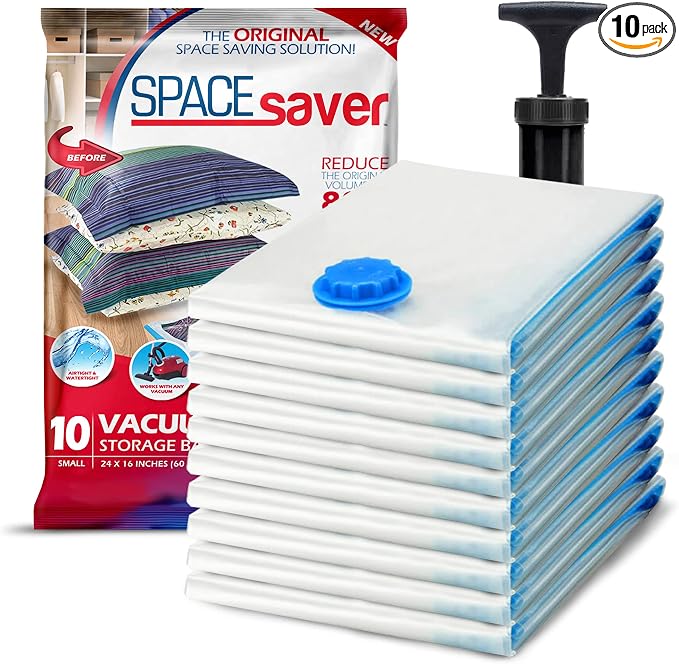 Spacesaver Small Vacuum Storage Bags for Comforters, Blankets & Clothes – Vacuum Sealed Compression Bags with Hand Pump – Space Saver Storage Bags for Bedding, Moving, Travel & Organization (10 Pack)