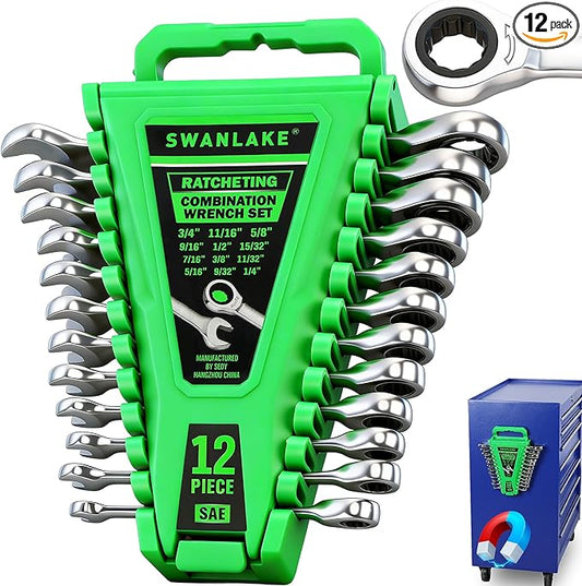 12-Piece Ratcheting Wrench Set, SAE 1/4 - 3/4 inch Ratchet Combination Wrenches Set, 12-Point 72-Tooth Ratchet Spanners with Magnetic Base Organizer, Chrome Vanadium Steel for Automotive Mechanic Tool