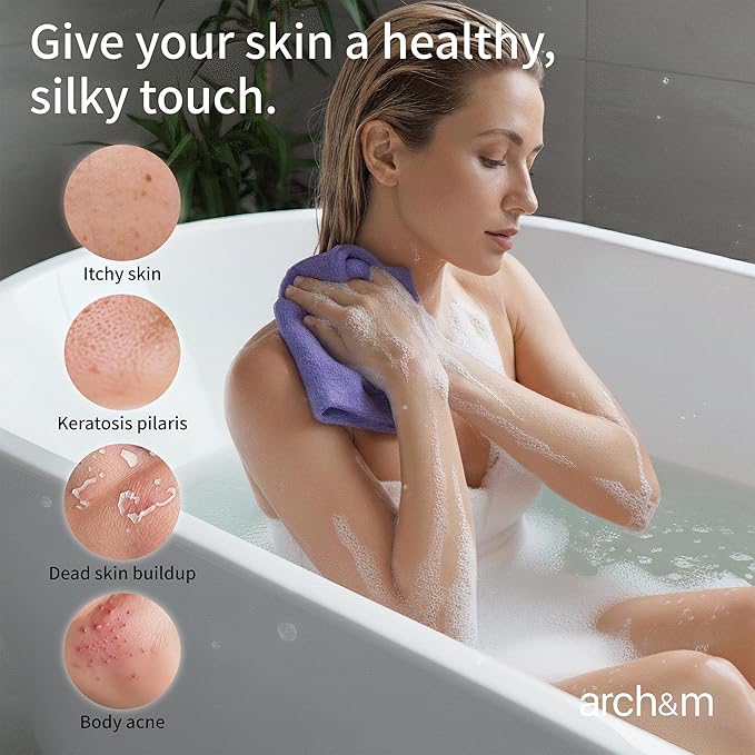 ARCH&M Exfoliating Washcloth, Korean & Japanese Style, 3 Pack | Orange Purple Navy-Blue, Nylon Back Scrubber, Daily Use Deep Clean & Smooth Skin, More Hygienic Than Loofah