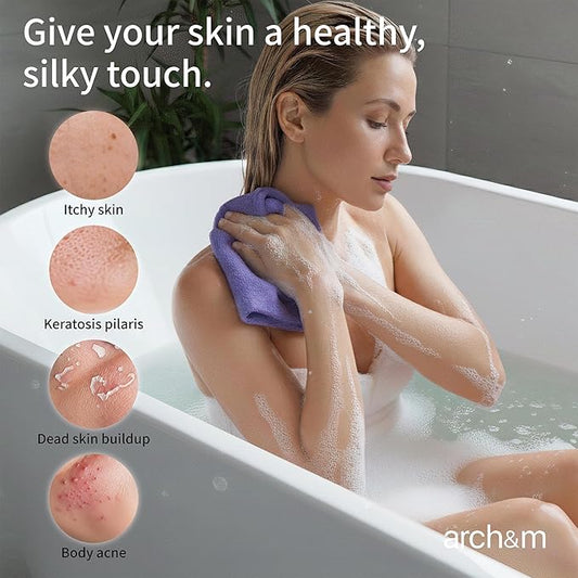 ARCH&M Exfoliating Washcloth 12 Pack, Black Off-White Navy-Blue | Back Scrubber for Shower, Japanese Exfoliating Shower Towel, Korean Beauty Wash Cloth, Daily Use