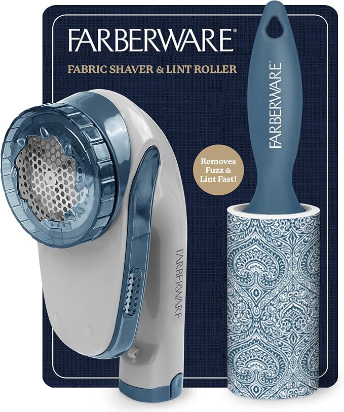 Farberware Fabric Shaver & Lint Roller Set, Large, Portable | Sticky sheets lift pet hair and dust, triple-blade design restores fabrics to like-new condition, for clothing and bedding