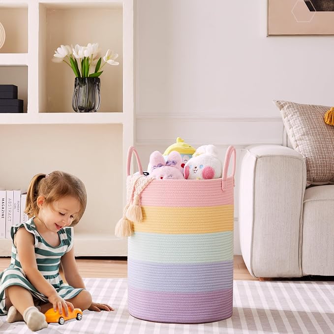 60L Laundry Hamper Basket for Girls Kids Baby Nursery, Rainbow | Large Woven Clothes Hamper for Living Room Girls Room Boho Tall Rope Baskets for Blankets Toys in Playroom Bedroom, 15Dx20H