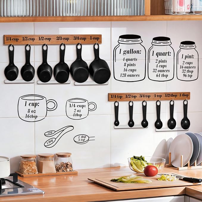 Measuring Cup and Spoon Organizer Set, Kitchen Measurement Conversion Chart with 16 Clear Small Hooks and Anti-Collision Pads for Hanging Measuring Cup and Spoon