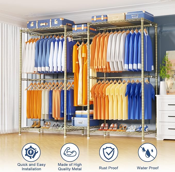 Ulif E12 Pro Clothes Rack，Heavy Duty Freestanding Garment Rack with Shelves，Metal Clothing Closet Storage System for Hanging Clothes，71" W x 16" D x 76.5" H, Hold 960 lbs，Gold