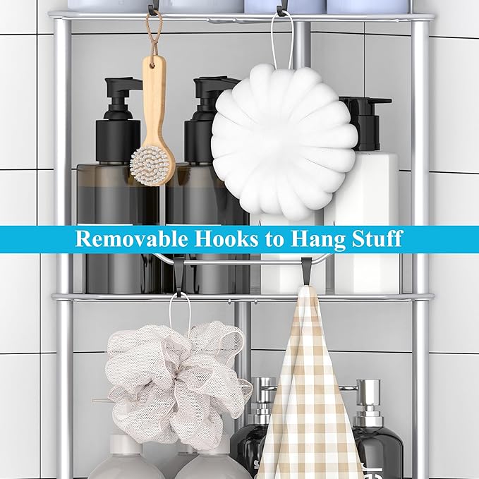 HuggieGems 5 Tier Floor Standing Corner Shower Caddy Organizer Shelf with Hooks, Bathroom Shelves Stand Rack, Silver