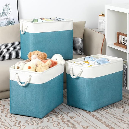 Bidtakay Extra Large Storage Baskets for Shelves 3 Pack Fabric Storage Bins for Organizing Linen Collapsible Organizer for Closet-White&Teal