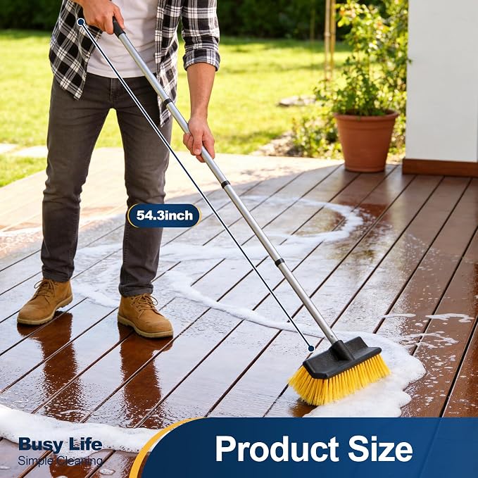 Yocada Deck Brush with 4-Section Extendable Handle Floor Scrub Brush Soft &Medium Bristles Non-Slip Grip for Outdoor Deck Patio Bathroom Garage Concrete Cleaning 54.3 Inch