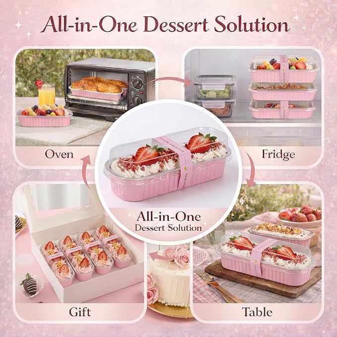 YQER 25 Pack Mini Cake Pans with Lids and Spoons, 6.8 oz Pink Disposable Aluminum Foil Mini Loaf Pans with Stickers, Individual Small Dessert Cake Tins Containers for Small Batch Baking, Parties Treat