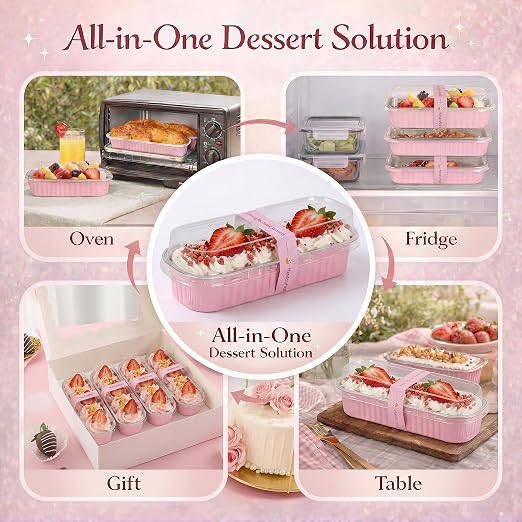 YQER Mini Loaf Pans with Lids for Baking Bread Disposable, 50Pcs 6.8oz Mini Cake Pans with Lids and Spoons Pink Sticker & 30Pcs 10oz Square Aluminum Pans Kit, Dessert Foil Baking Cupcake Tins