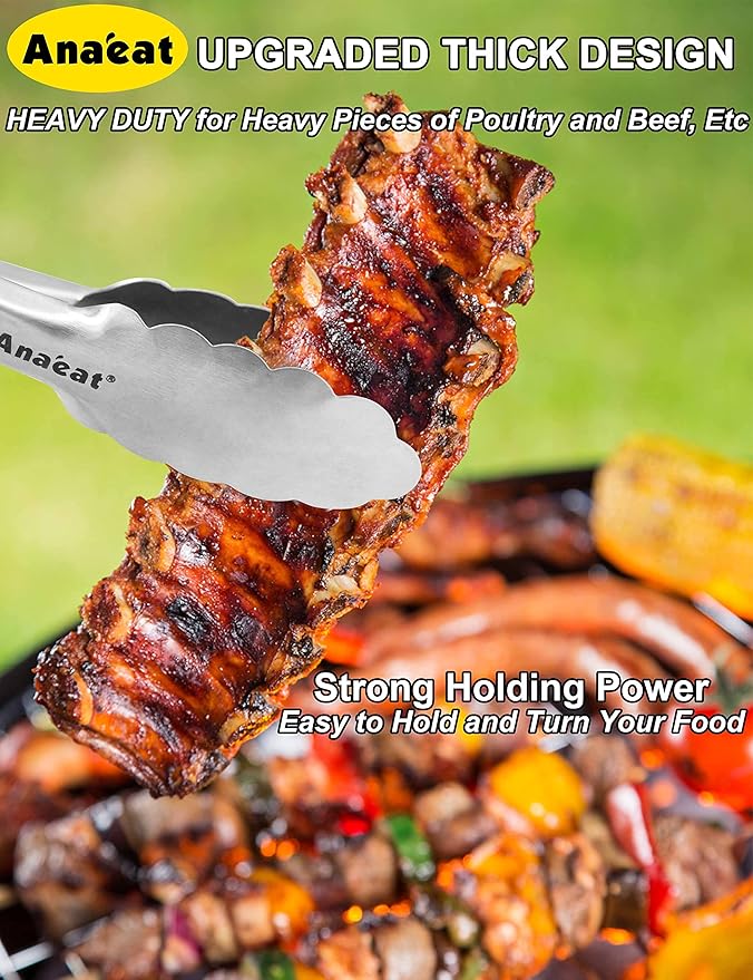 Anaeat Extra Long Stainless Steel Grilling Locking Tong, 17" Sturdy Coiled Spring Kitchen Food Tong with Non-Slip Silicone Grip for BBQ, Baking, Cooking - Heat Resistant up to 480°F (Black)