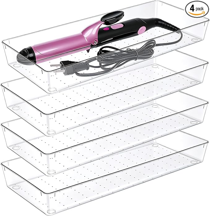Manalete 4 Pack 15"x6" Extra Large Clear Plastic Drawer Organizer Trays, Multi-Purpose Storage Bins for Vanity, Makeup, Kitchen Utensils, Bathroom, Office Desk, Auto Tools & Craft Supplies