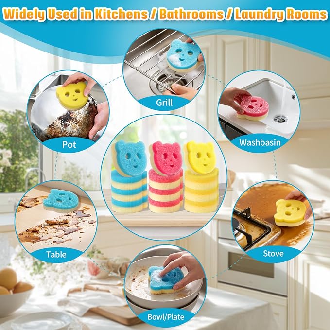 12 Pack Scrub Sponges for Dishes, Dual-Sided Temperature-Responsive Scrubber, Reusable Non-Scratch Multipurpose Cleaning Supplies for Kitchen Bathroom & Home Use