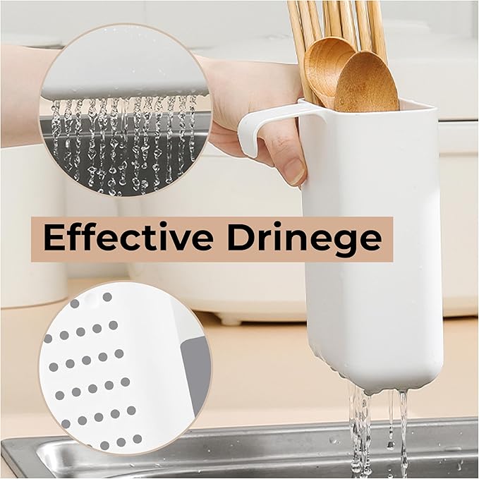 Multifunctional Compact Kitchen Drainer Drain Basket Utensil and Cutlery Drying Rack Holder and Hangable Sink Shelf Home Fruit Basket Plastic Storage Container (Deep) (White)